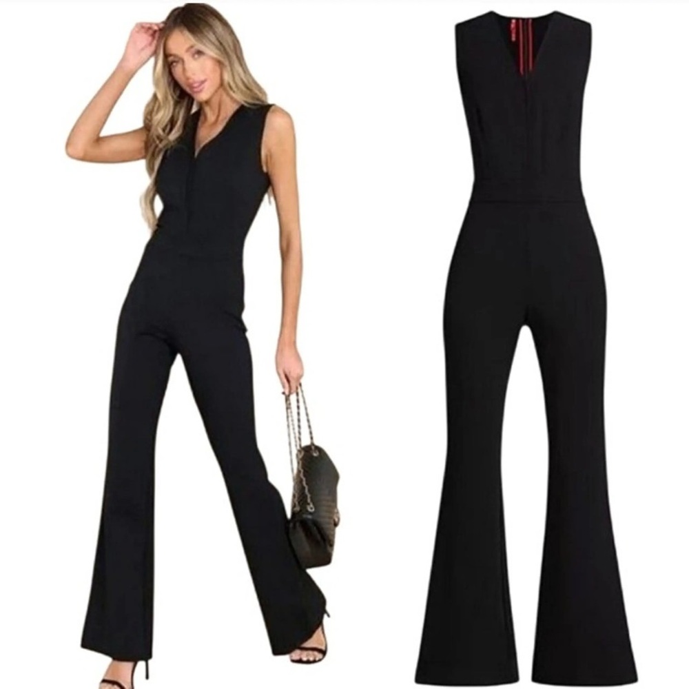 Spanx The Perfect Jumpsuit Sleeveless Black Ponte Flare Leg Core Shaping